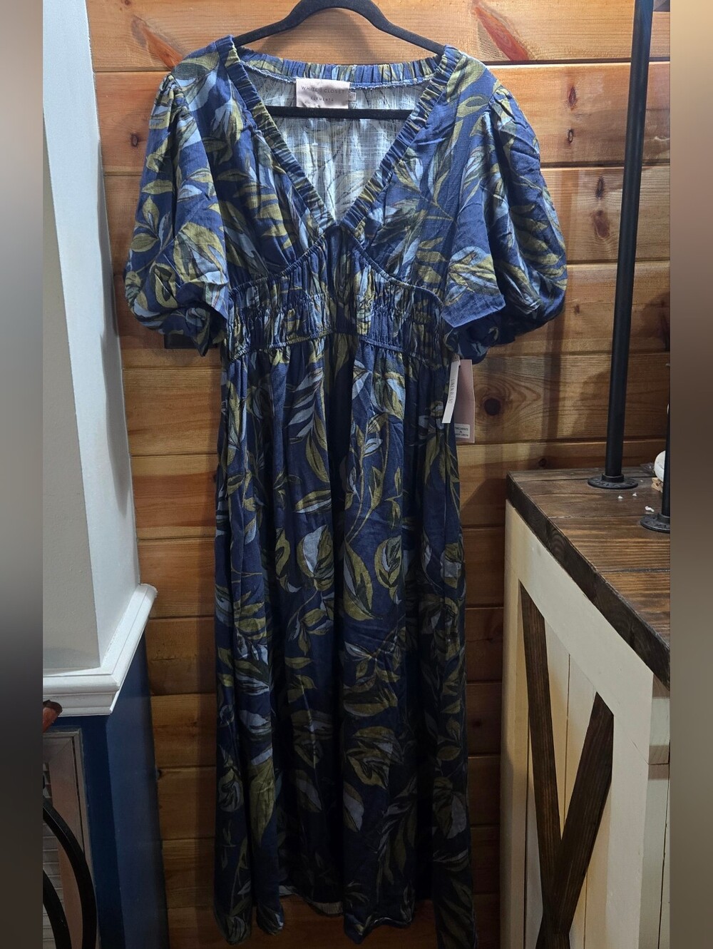 Element Boho Linen Blend Navy Maxi Dress with Olive Leaf Print XL
